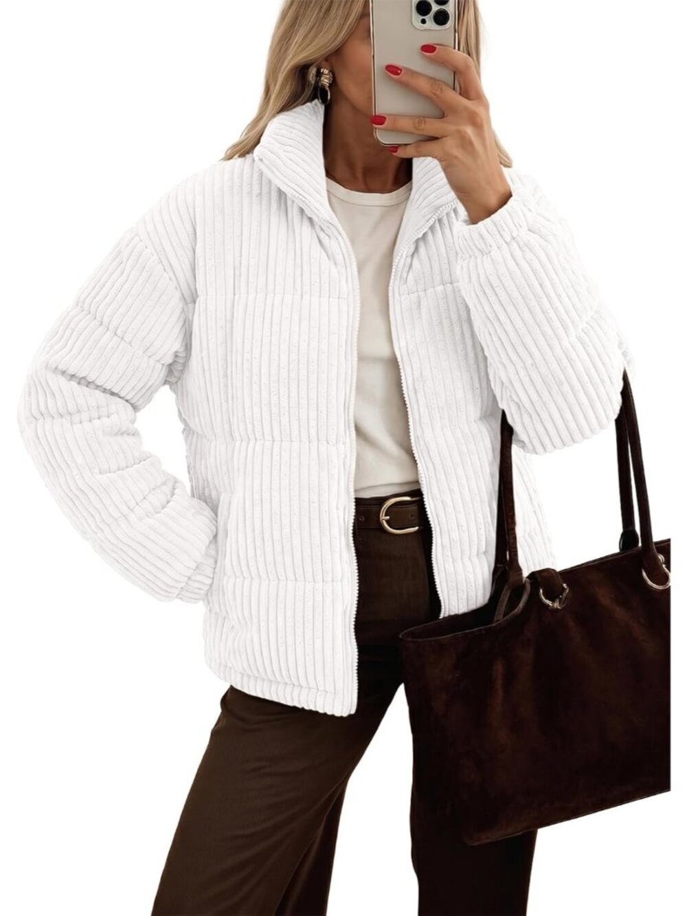 Women's White Winter Cropped Jacket Zip up Quilted Coat Fall Winter Outfits